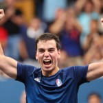 PARIS, FRANCE - SEPTEMBER 04: Lucas Didier of Team France reacts during the Men's Singles MS9 Quarterfinal on day seven of the Paris 2024 Summer Paralympic Games at South Paris Arena on September 04, 2024 in Paris, France. (Photo by Michael Reaves/Getty Images)