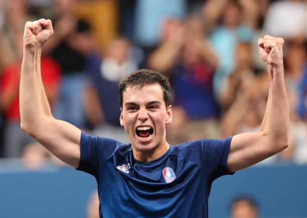 PARIS, FRANCE - SEPTEMBER 04: Lucas Didier of Team France reacts during the Men's Singles MS9 Quarterfinal on day seven of the Paris 2024 Summer Paralympic Games at South Paris Arena on September 04, 2024 in Paris, France. (Photo by Michael Reaves/Getty Images)